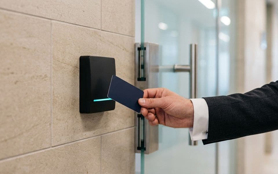 A hand presenting an access card to a wall-mounted door reader